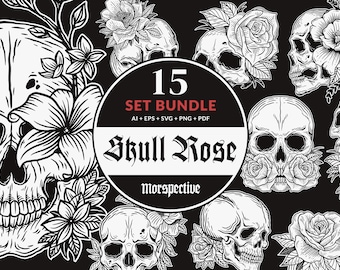 15 Set Bundle Skull With Rose Floral Dark Art Horror Tattoo Vintage Clipart Digital File Vector Ai / Eps / Svg / Pdf / Png illustration