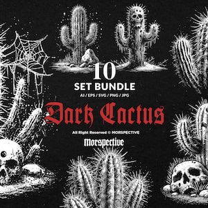 10 Bundle Dark Art Cactus Plant Southwest Desert Rustic Flower Tattoo Clipart Digital File Vector Ai / Eps / Svg / Png illustration