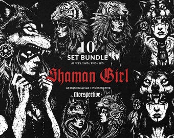10 Bundle Dark Art Shaman Girl Traditional Totem Sacred Occult Skull Tattoo Clipart Digital File Vector Ai / Eps / Svg / Png illustration