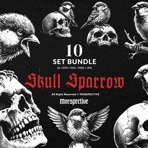 10 Bundle Dark Art Sparrow Bird animal Wild Nature Wings Gothic Tattoo Clipart Digital File Vector Ai / Eps / Svg / Png illustration
