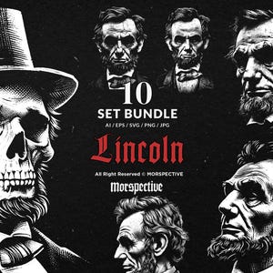 10 bundel Dark Art Lincoln Legend Skull American met hoed Handgetekende Tattoo Clipart digitaal bestand Vector Ai / Eps / Svg / png-afbeelding