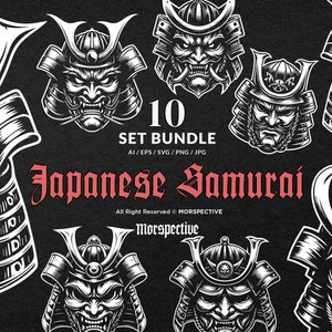 10 Bundle Dark Art Scary Japanese Samurai Mask Black White Illustration Tattoo Clipart Digital File Vector Ai / Eps / Svg / Png illustration
