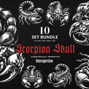 Lot de 10 art sombre crâne de scorpion mort poison désert tatouage clipart fichier numérique illustration vectorielle Ai/Eps/Svg/PNG