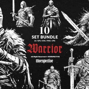 May include: A set of 10 black and white illustrations of warriors in various poses, holding swords and shields. The illustrations are in a graphic style and have a medieval theme. The text "10 SET BUNDLE AI/EPS/SVG/PNG/JPG Warrior All Right Reserved © MORSPECTIVE Morspective" is at the bottom of the image.