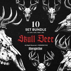 Könnte beinhalten: Ein Set mit 10 digitalen Illustrationen von Hirschschädeln mit Geweih. Die Illustrationen sind in Schwarzweiß gehalten und haben einen detaillierten, realistischen Stil. Der Text "10 SET BUNDLE AI/EPS/SVG/PNG/JPG Skull Deer All Right Reserved © MORSPECTIVE Morspective" befindet sich am unteren Rand des Bildes.