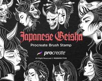 May include: A set of black and white digital brush stamps featuring Japanese Geisha with masks and traditional hairstyles. The text "Japanese Geisha Procreate Brush Stamp" is displayed in red. The Procreate logo is also displayed.