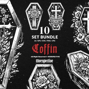 May include: A collection of black and white coffin illustrations, each adorned with crosses and roses. The image includes the text "10 SET BUNDLE" and the word "Coffin" in red gothic script. The text "All Right Reserved MORSPECTIVE" is also present.