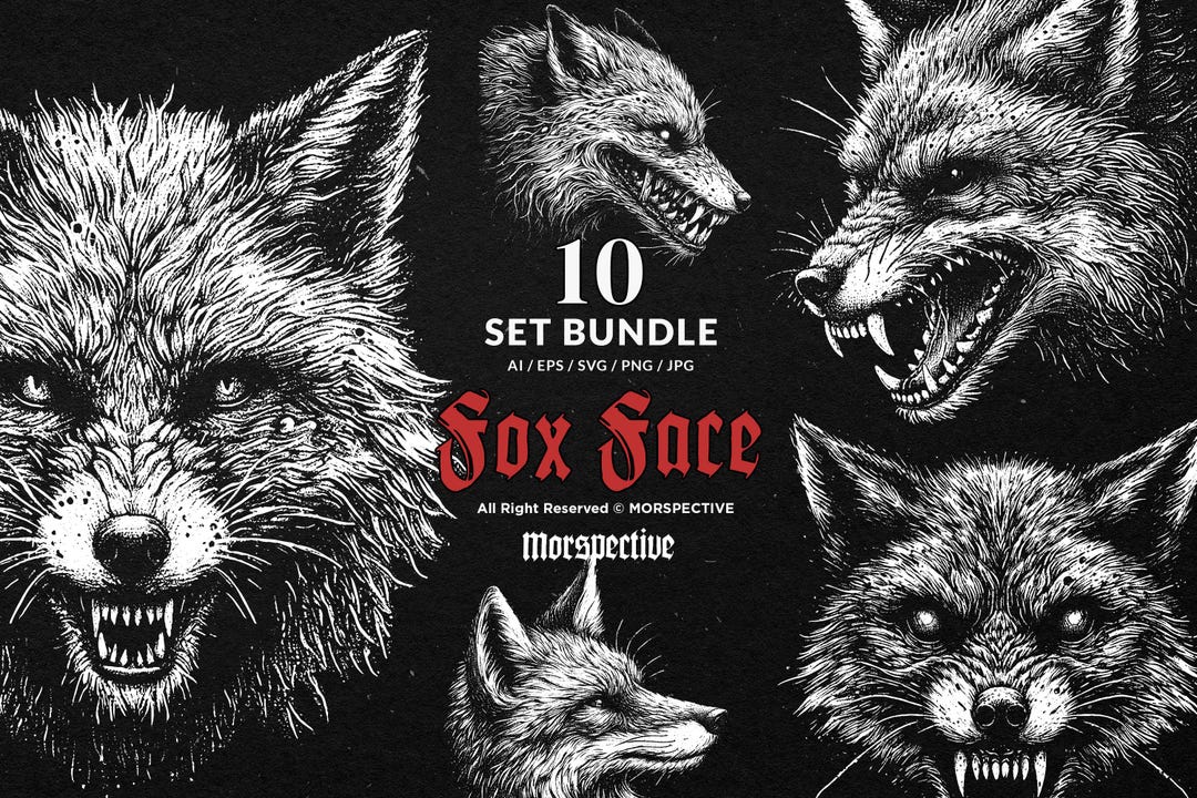 10 Bundle Dark Art Fox Face Wildlife Scary Horror Tattoo Clipart ...