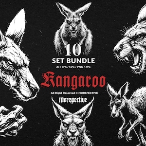 Puede incluir: Un conjunto de ilustraciones en blanco y negro de canguros. La imagen incluye el texto "10 SET BUNDLE" y "Kangaroo". Las ilustraciones detalladas muestran al animal en diferentes poses, con una fuente gótica.