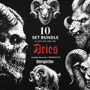 May include: A set of 10 black and white illustrations of rams and a skull with horns. The illustrations are in a graphic style and feature detailed line work. The text "10 SET BUNDLE Aries All Right Reserved © MORSPECTIVE Morspective" is included in the image.