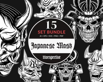 15 Set Bundle Japanese Demon Mask Skull Samurai Warrior Dark Art Tattoo Clipart Digital File Vector Ai / Eps / Svg / Pdf / Png illustration