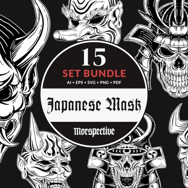 15 Set Bundle Japanese Demon Mask Skull Samurai Warrior Dark Art Tattoo Clipart Digital File Vector Ai / Eps / Svg / Pdf / Png illustration