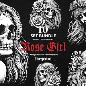 10 Bundle Dark Art Skull Girl Rose Skeleton Gothic Sugar Floral Tattoo Clipart Digital File Vector Ai / Eps / Svg / Png illustration