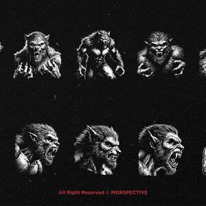 May include: A collection of ten black and white illustrations of werewolves in various poses. The werewolves are depicted with sharp teeth, claws, and fur.
