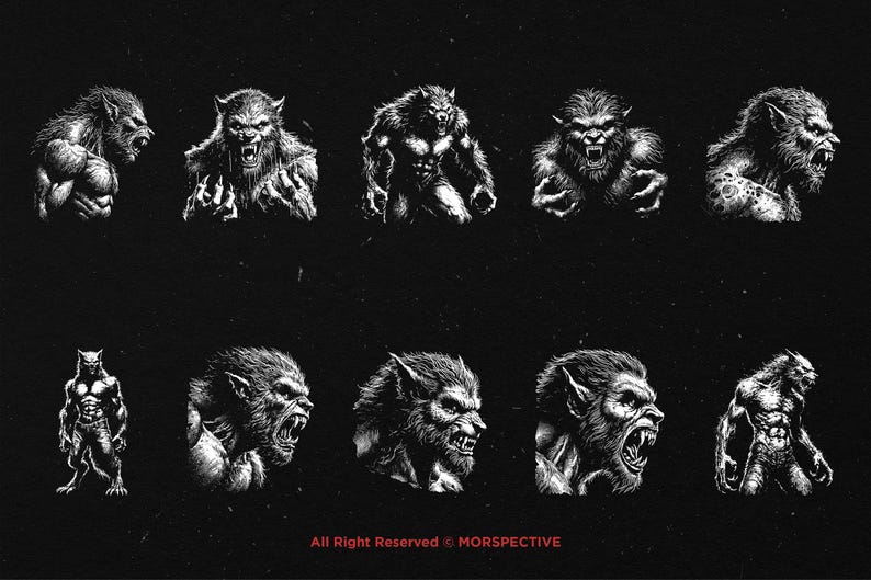 May include: A collection of ten black and white illustrations of werewolves in various poses. The werewolves are depicted with sharp teeth, claws, and fur.