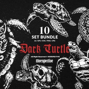 May include: A collection of black and white turtle illustrations with a gothic theme. The image includes the text "10 SET BUNDLE" and "Dark Turtle". The designs are detailed and artistic, suitable for various creative projects.