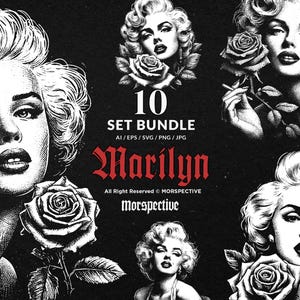 10 Bundle Dark Art Marilyn Monroe Sexy Women Face with Rose Tattoo Clipart Digital File Vector Ai / Eps / Svg / Png illustration