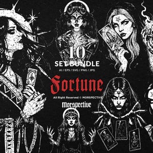 May include: A black and white digital art bundle featuring illustrations of women with tarot cards and skulls. The word "Fortune" is in red, and the text "10 SET BUNDLE" is also visible. The art style is gothic and mystical.