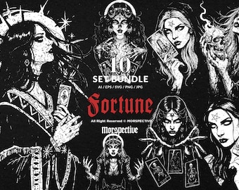 10 Bundle Dark Art Fortune Teller Sorcery Magical Tarot Astrology Tattoo Clipart Digital File Vector Ai / Eps / Svg / Png illustration