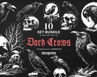 10 Paquete Arte Oscuro Cuervos Cuervo Pájaro con Huesos de Cráneo Vintage Old School Tatuaje Clipart Archivo Digital Vector Ai / Eps / Svg / Png ilustración