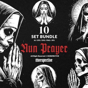 10 Bundle Dark Art Nun Prayer Horror Ghost Scary Creepy Tattoo Clipart Digital File Vector Ai / Eps / Svg / Png illustration
