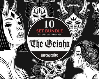 May include: A set of 10 black and white illustrations of geisha women with demon masks. The illustrations are in a traditional Japanese style and feature intricate details. The text "The Geisha" and "10 Set Bundle" is included in the image.