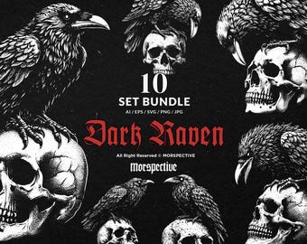 10 Bundle Dark Art Raven Bird Crow Skull Gothic Horror Tattoo Clipart Digital File Vector Ai / Eps / Svg / Png illustration