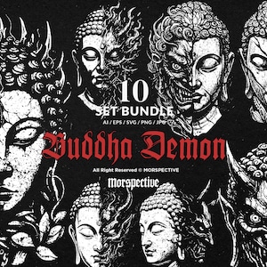 Puede incluir: Un paquete de arte digital en blanco y negro con diez diseños de caras de Buda y demonios. Las ilustraciones representan serenos rostros de Buda y figuras demoníacas. El texto "Buddha Demon" es rojo.
