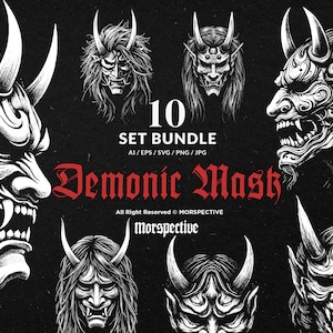 May include: A collection of ten black and white illustrations of demonic masks with horns and fangs. The image includes the text "10 SET BUNDLE" above the title "Demonic Mask" in red gothic font. The image includes the text "All Right Reserved MORSPECTIVE" and "Morspective".