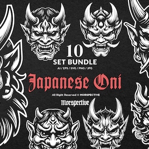 Puede incluir: Un conjunto de 10 ilustraciones en blanco y negro de Oni japoneses, un tipo de demonio u ogro en el folclore japonés. Las ilustraciones están en un estilo japonés tradicional y presentan diseños detallados de las caras, los cuernos y otras características de los Oni. El texto "10 SET BUNDLE AI/EPS/SVG/PNG/JPG Japanese Oni All Right Reserved MORSPECTIVE morspective" está incluido en la imagen.
