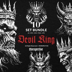 Puede incluir: Conjunto de ilustraciones en blanco y negro de figuras demoníacas con coronas y expresiones amenazantes. El texto "10 SET BUNDLE" y "Devil King" son en rojo. Incluye formatos AI, EPS, SVG, PNG y JPG.