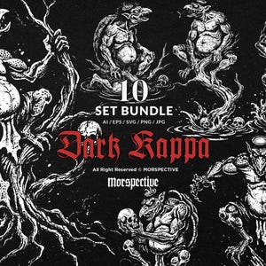 May include: A black and white illustration set featuring ten Dark Kappa designs. The artwork includes various depictions of the mythical creatures, some holding skulls, with the text "10 SET BUNDLE" and "Dark Kappa".