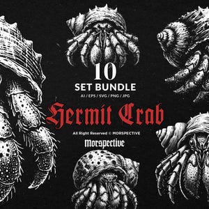 Op de afbeelding: Een zwart-wit illustratie van een heremietkreeft set bundel. De afbeelding toont gedetailleerde tekeningen van heremietkreeften in verschillende poses, met de tekst "10 SET BUNDLE" en "Hermit Crab".