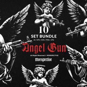 Könnte beinhalten: Ein Set mit 10 digitalen Illustrationen, die Engel mit Waffen zeigen. Die Illustrationen sind in Schwarzweiß gehalten und haben eine Grunge-Ästhetik. Der Text "Angel Gun" ist in einer fetten, roten Schrift dargestellt.