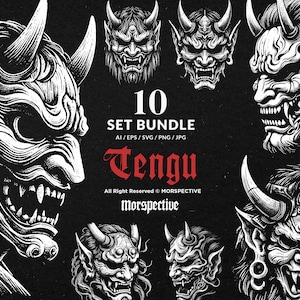 May include: A set of 10 black and white illustrations of Tengu, a mythical Japanese creature with a long nose and wings. The illustrations are in a traditional Japanese style and feature intricate details.