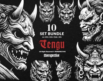 May include: A set of 10 black and white illustrations of Tengu, a mythical Japanese creature with a long nose and wings. The illustrations are in a traditional Japanese style and feature intricate details.