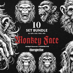 May include: A set of 10 black and white illustrations of monkey faces with different expressions. The illustrations are in a graphic style and feature detailed line work. The text "10 SET BUNDLE AI/EPS/SVG/PNG/JPG Monkey Face All Right Reserved © MORSPECTIVE Morspective" is at the bottom of the image.