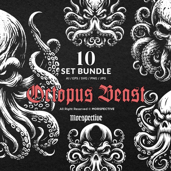 10 Bundle Dark Art Octopus Beast tentacles squid Tattoo Grunge Vintage Clipart Digital File Vector Ai / Eps / Svg / Png illustration