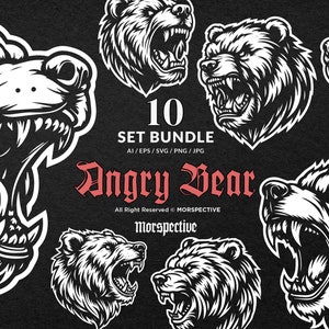 May include: A set of 10 black and white vector illustrations of angry bears with open mouths and sharp teeth. The illustrations are in a vintage style and are perfect for use in designs for t-shirts, posters, and other merchandise.