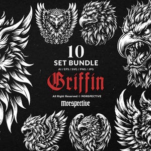 Lot de 10 art sombre tête de griffon créature mythique tatouage tatouage clipart fichier numérique vecteur illustration Ai/Eps/Svg/PNG
