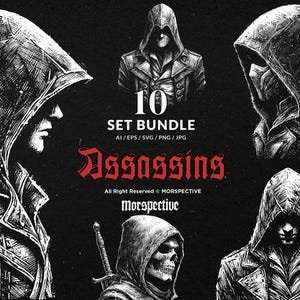Könnte beinhalten: Eine schwarz-weiß Illustration mit Kapuzenfiguren in verschiedenen Posen. Der Text "10 SET BUNDLE" und "Assassins" ist rot dargestellt. Das Bild enthält den Text "AI / EPS / SVG / PNG / JPG" und "All Right Reserved © MORSPECTIVE".