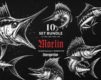 May include: A black and white illustration set of ten marlin fish designs. The image includes the text "10 SET BUNDLE" and "Marlin" in a gothic font. The designs are detailed and artistic, with a focus on the fish's features.