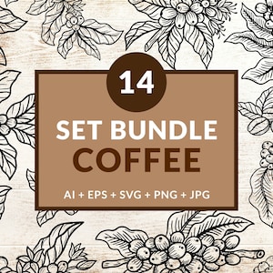 14 Set Bundle Coffee Tree, Coffee Hand Drawn, Coffee Beans Plant Shop Line Art Digital File Vector Ai / Eps / Svg / Jpg / Png illustration
