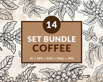 14 Set Bundle Coffee Tree, Coffee Hand Drawn, Coffee Beans Plant Shop Line Art Digital File Vector Ai / Eps / Svg / Jpg / Png illustration