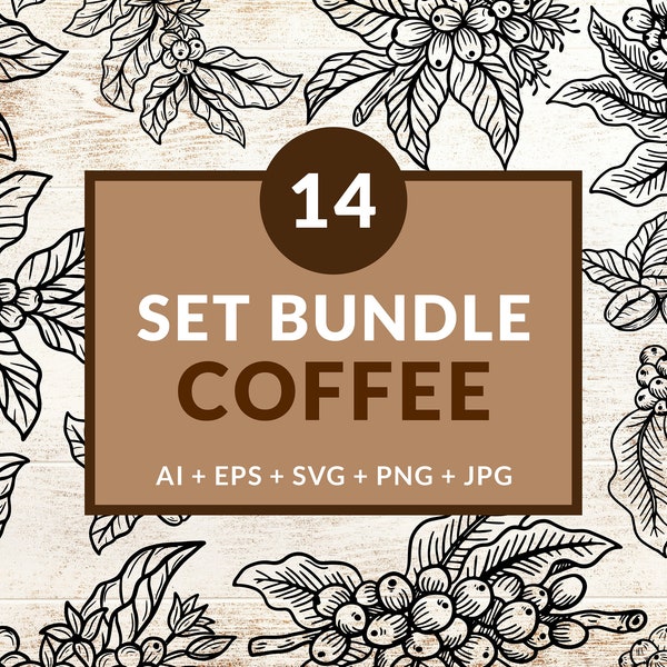 14 Set Bundle Coffee Tree, Coffee Hand Drawn, Coffee Beans Plant Shop Line Art Digital File Vector Ai / Eps / Svg / Jpg / Png illustration