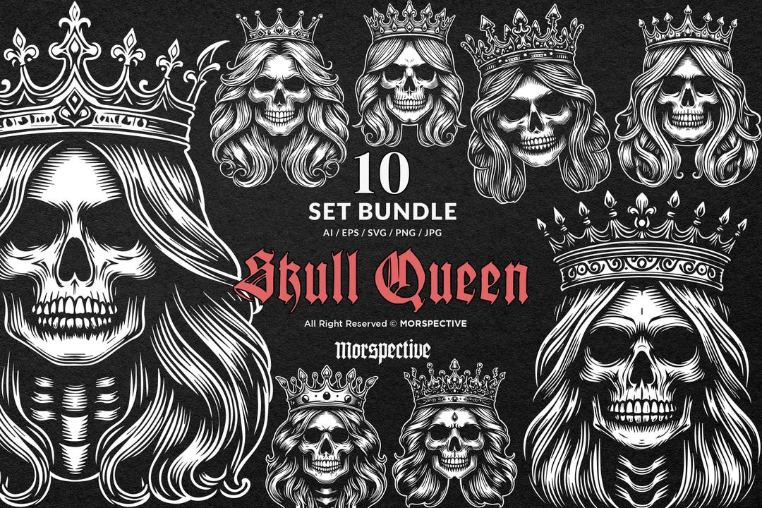 10 Bundle Dark Art Scary Skull Queen Head Use Crown Black and White ...