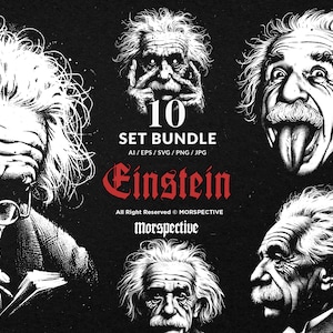 May include: A black and white illustration set featuring multiple portraits of Albert Einstein. The image includes the text "10 SET BUNDLE" and "Einstein". The illustrations are in a vintage style, with detailed shading and expressive facial features.
