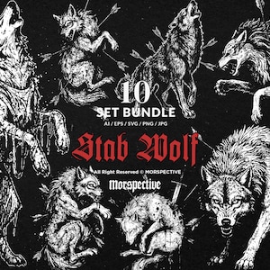 10-pack mörk konst knivhugg varg jakt yla rovdjur odjur skalle tatuering clipart digital fil vektor Ai / Eps / Svg / Png illustration