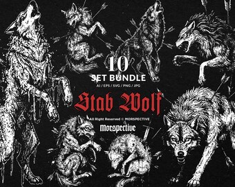 10 Bundle Dark Art Stab Wolf Hunting Howl Predator Beast Skull Tattoo Clipart Digital File Vector Ai / Eps / Svg / Png illustration