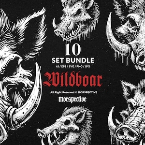 10 Bundle Dark Art Wild Boar Hog Pig Jungle Wild Beast Animal Tattoo Clipart Digital File Vector Ai / Eps / Svg / Png illustration